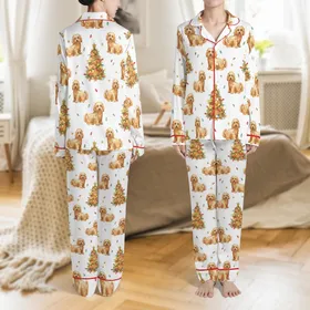 Goldendoodle & Labradoodle Fans: Festive Apricot Doodle Watercolor Christmas Pajama Pants Satin Pajamas Set