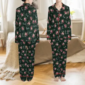 Bridesmaid & Bridal Satin Pajama Set: Forest Green Floral, Rose, Sage 'Bride' Script Short PJ Satin Pajamas Set