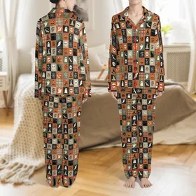 Women's Halloween Patchwork Sleep Set: Quilted Ghost Bat Pumpkin Skull Folk Art Design Satin Pajamas Set