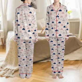 Couples Kimono Style: Serene Pink & Grey Celestial Star Moon Pattern - Washed Cotton Gauze Pajamas Satin Pajamas Set