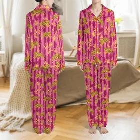 Women's Hot Pink Tiger Safari Block Print Cotton Sleep Set - Bridesmaid Loungewear Satin Pajamas Set