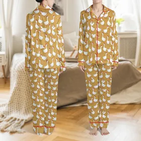 Women's Funny White Geese Christmas Pajama Set with Santa Hats Satin Pajamas Set