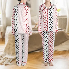 Women's Soft Polyester Pajamas: Playful Scattered Heart Print - 3pc Long Pants Sleep Set Satin Pajamas Set