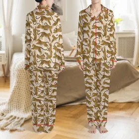 Women's Luxurious Leopard Print Pajama Set: Hand-Drawn Golden-Brown All-Over Pattern Satin Pajamas Set
