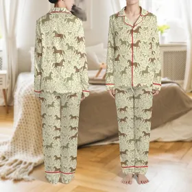 Women's Long Sleeve Pajama Set: Vintage Horse & Botanical Print - Elegant Bronze Olive Comfort Satin Pajamas Set