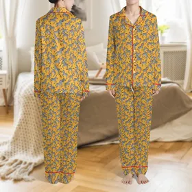 Women's Dynamic Leaping Zebra Print Pajama Set, Mustard Yellow-Orange - Long Sleeve Lapel, Relaxed Fit Fall Satin Pajamas Set