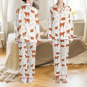 Women's Fluffy Highland Calf & Delicate Wildflower Satin Lounge Ensemble Satin Pajamas Set