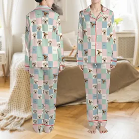 Dog Lovers' Soft Pastel Pink Blue Mint Green Checkerboard Labrador Puppy & Chihuahua Portraits with Names Satin Pajamas Set