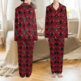 Men's Highland Cow Sleepwear: Red Bull Print & Thistle Pattern - All-Over Farm Animal Lounge Garment Satin Pajamas Set