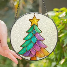 Festive Decor Lovers' Intricate Iridescent Stained Glass Tree Golden Solder Emerald Fuchsia Lavender Art Stained Glass Suncatcher