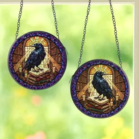 Dark Academia Fans' Tiffany Stained Glass Raven Books Library Amber Violet Sapphire Mosaic Pattern Stained Glass Suncatcher