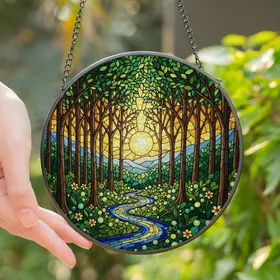 Fantasy Art Enthusiasts' Tiffany Style Stained Glass Forest Gold Glow Firefly Mosaic Stained Glass Suncatcher