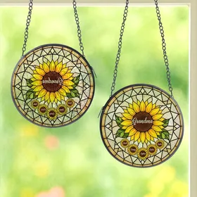 Grandmothers' Intricate Stained Glass Sunflower Mosaic, Golden Amber Hues, & Family Names Stained Glass Suncatcher
