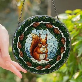 Winter Nature Lovers' Intricate Stained Glass Red Squirrel Snow Candle Wreath Mosaic Jewel Tones Stained Glass Suncatcher