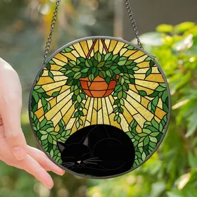 Cat Lovers' Tiffany Style Sleeping Black Cat Terracotta Foliage Mosaic Jewel Tones Stained Glass Suncatcher