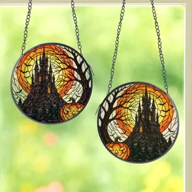 Halloween Enthusiasts' Intricate Stained Glass Glowing Pumpkin Gothic Castle Orange Amber Green Stained Glass Suncatcher