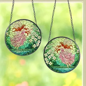 Women's Enchanted Stained Glass Fairy Jewel Tone Pink Red-Orange Green Teal Nature Mosaic Stained Glass Suncatcher