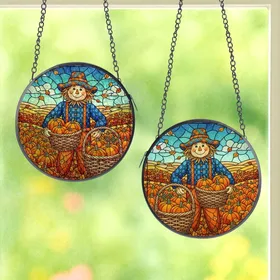 Autumn Lovers' Whimsical Tiffany Glass Scarecrow Blue Orange Plaid Pumpkin Harvest Design Stained Glass Suncatcher