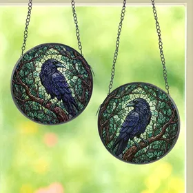 Nature Lovers' Iridescent Raven Stained Glass Art, Teal Beak, Emerald Forest Mosaic Stained Glass Suncatcher