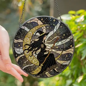 Witchy Aesthetic Fans' Detailed Stained Glass Witch on Crescent Moon, Cosmic Night Sky, Gold Scrollwork, Jewel Tones Stained Glass Suncatcher