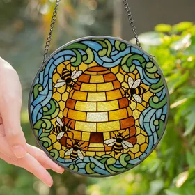 Honeybee Lovers' Intricate Tiffany Stained Glass Glowing Beehive Sky Blue Amber Green Stained Glass Suncatcher