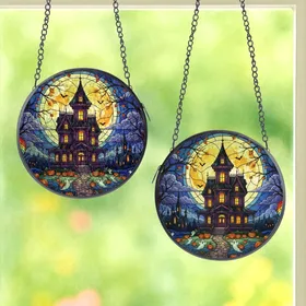 Gothic Art Enthusiasts' Intricate Stained Glass Victorian Haunted House Moonlit Bat Mosaic Orange Purple Blue Stained Glass Suncatcher