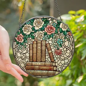 Art Lovers' Intricate Stained Glass Antique Books & Roses Jewel Tone Floral Mosaic Stained Glass Suncatcher