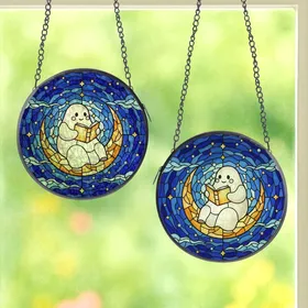 Fantasy Art Lovers' Stained Glass Ghost Reading Moon Mosaic in White Amber Blue Jewel Tones Stained Glass Suncatcher