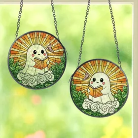 Whimsical Art Enthusiasts Stained Glass Cute Ghost Reading Orange Book Pink Butterfly Sunbeam Foliage Mosaic Stained Glass Suncatcher