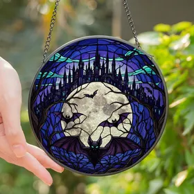 Gothic Fantasy Admirers Tiffany Stained Glass Full Moon Bats Castle Dark Blue Purple Cyan Intricate Edge-to-Edge Stained Glass Suncatcher