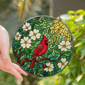 Nature Lovers' Jewel Tone Red Cardinal Stained Glass Mosaic Art with Dogwood & Green Leaves Stained Glass Suncatcher