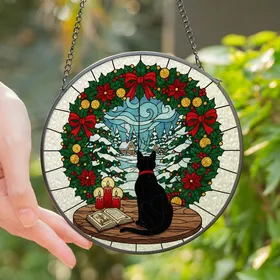 Feline Enthusiasts' Jewel Tone Stained Glass Black Cat Winter Window Wreath Mosaic Stained Glass Suncatcher