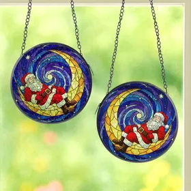 Holiday Enthusiasts' Tiffany Stained Glass Santa Red Suit Golden Moon Cosmic Sky Stained Glass Suncatcher