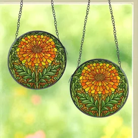Art Lovers' Tiffany Stained Glass Marigold Flower Vibrant Orange Yellow Emerald Green Mosaic Stained Glass Suncatcher