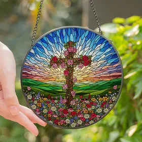 Faithful Art Lovers' Vibrant Stained Glass Floral Cross Wildflower Landscape, Glowing Jewel Tones, Rolling Hills, Sunrise Sky Stained Glass Suncatcher