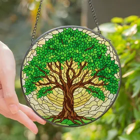 Nature Lovers' Tiffany Style Stained Glass Tree of Life Emerald Green Golden Sky Artwork Stained Glass Suncatcher