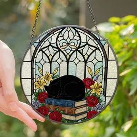 Cat Lovers' Tiffany Stained Glass Black Cat & Books Jewel Tone Floral Window Art Stained Glass Suncatcher