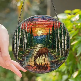 Nature Lovers' Tiffany Stained Glass Majestic Buck, River Forest Sunset, Jewel Tone Mosaic Art Stained Glass Suncatcher