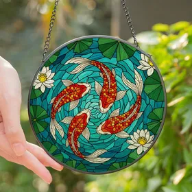 Nature Lovers' Vibrant Tiffany Stained Glass Koi Fish Water Lily Pond Mosaic Intricate Jewel Tones Stained Glass Suncatcher