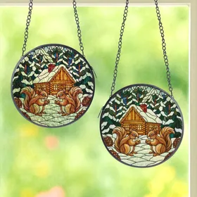 Nature Lovers' Intricate Jewel Tone Stained Glass Winter Squirrels Cozy Cabin Forest Mosaic Pattern Stained Glass Suncatcher