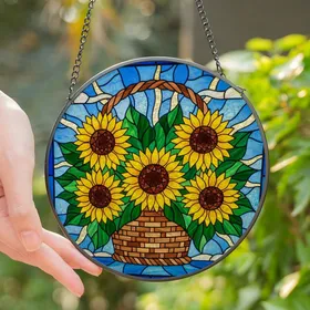Nature Lovers' Intricate Tiffany Stained Glass Sunflowers Wicker Basket Mosaic Yellow Green Blue Stained Glass Suncatcher