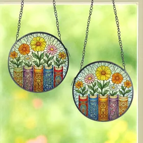 Art & Book Enthusiasts' Jewel Tone Stained Glass Books, Floral Patterns, Luminous Mosaic Sky Stained Glass Suncatcher