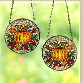 Autumn Lovers' Vibrant Tiffany Stained Glass Pumpkin & Autumn Floral Mosaic Stained Glass Suncatcher