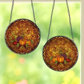 Harvest Season Admirers Tiffany Stained Glass Cornucopia Amber Orange Green Burgundy Jewel Tone Art Stained Glass Suncatcher