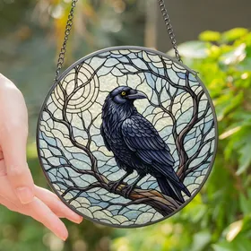 Stained Glass Art Lovers' Majestic Raven Full Moon Opalescent Blue Violet Night Mosaic Stained Glass Suncatcher
