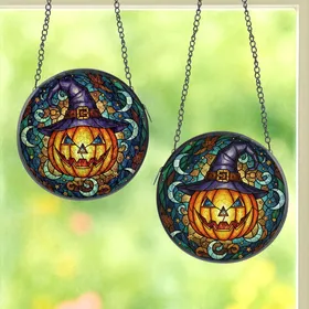 Halloween Lovers' Vibrant Tiffany Stained Glass Jack-o'-Lantern Witch Hat Celestial Autumnal Design Stained Glass Suncatcher