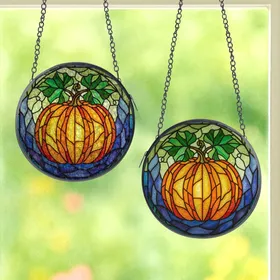 Nature Art Lovers' Intricate Stained Glass Pumpkin & Abstract Jewel Tone Mosaic Stained Glass Suncatcher