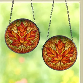 Nature Lovers' Vibrant Tiffany Stained Glass Maple Leaf Mosaic Art, Autumnal Jewel Tones, Intricate Patterns Stained Glass Suncatcher