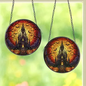 Gothic Art Admirers' Vibrant Stained Glass Castle Jack-o'-lantern Sunset Mosaic Stained Glass Suncatcher