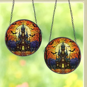 Gothic Art Lovers' Intricate Tiffany Stained Glass Haunted Castle Orange Moon Bats Jack-O'-Lanterns Stained Glass Suncatcher